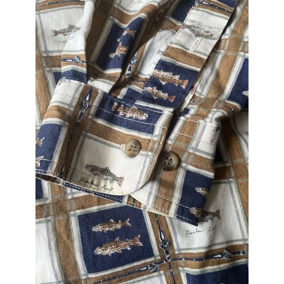 Vintage Woolrich Button Up Shirt Mens 2 XL Brown Blue Fish Print Made in USA - Picture 4 of 8